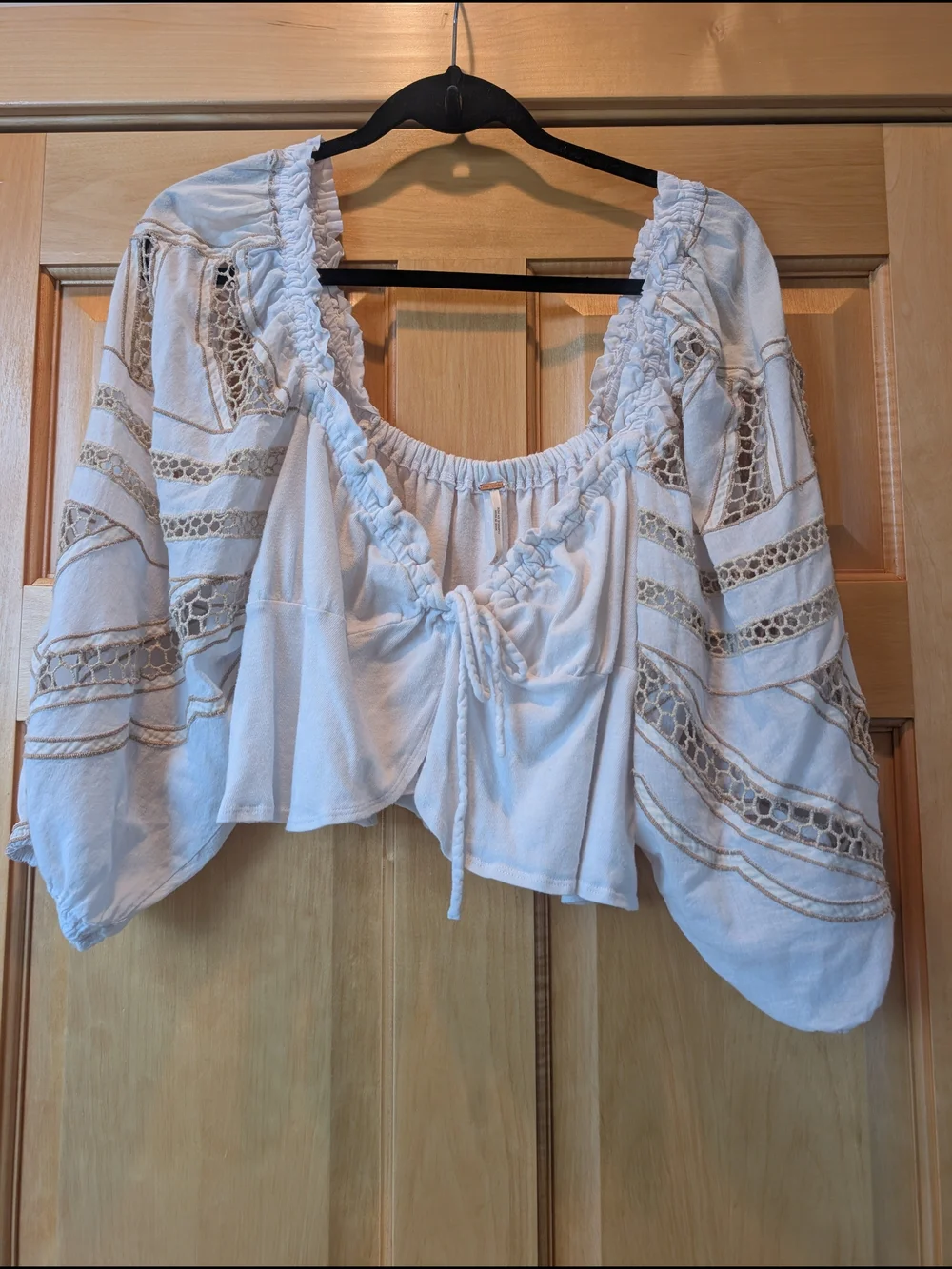 Free People White Crop Tie-Front Top with Crochet-Pattern Sleeves